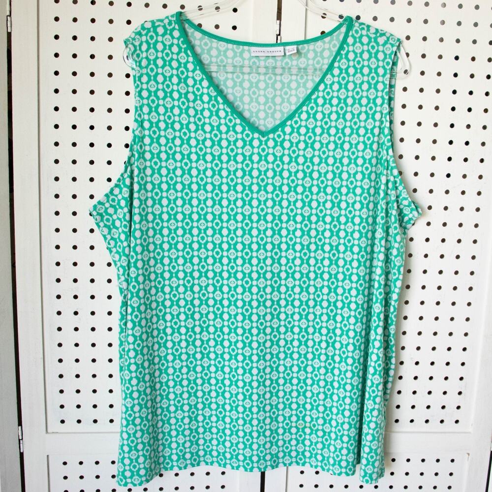 Susan Graver Womens SIZE 2X Green White Liquid Knit Tank Top